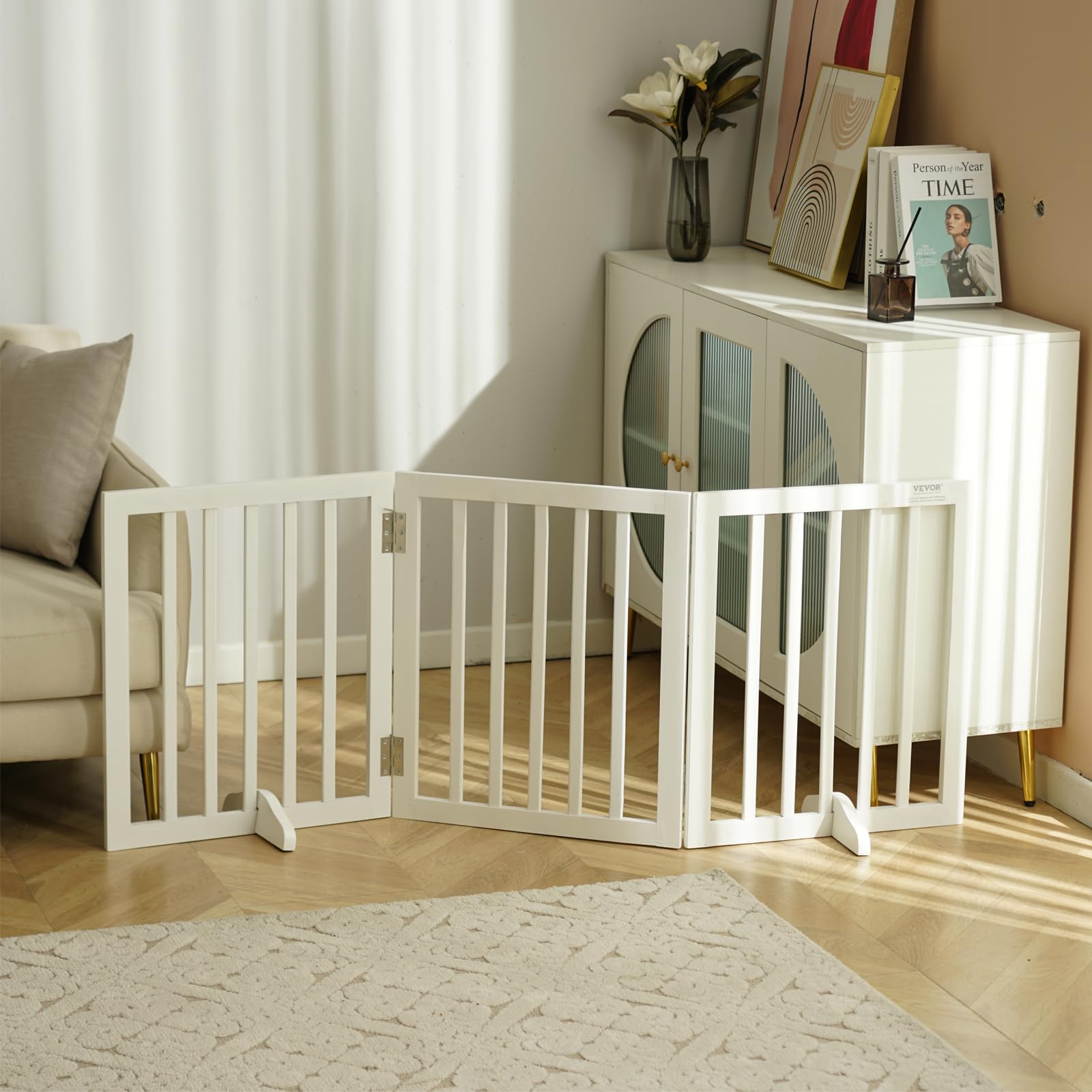 VEVOR Freestanding Dog Gate, Wooden Free Standing Pet Gate 60 W x 24 H,4 Panels Foldable Dog Gate for Wide & Narrow Passageways,